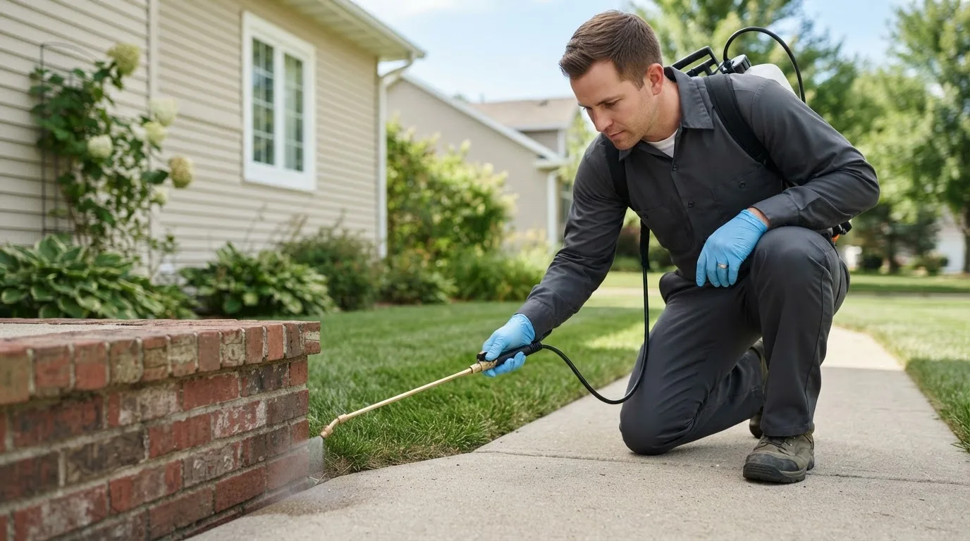 Pest control technician treating a home near West Springfield, PA