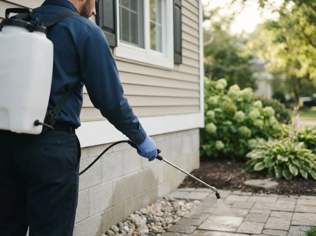 Pest control technician inspecting a home in West Springfield, PA